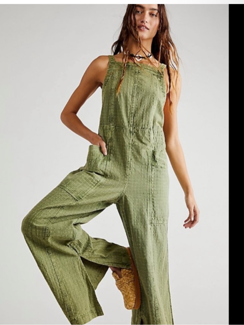 Free People Savannah Overalls Small Green Waffle Sz Small waffle 100% Cotton